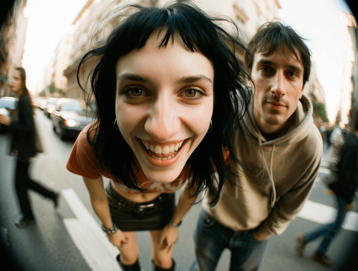 Emma-Jane MacKinnon-Lee — low-angle archive portrait series, messy black hair frame two