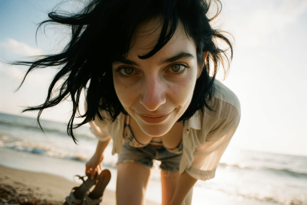 Emma-Jane MacKinnon-Lee — low-angle archive portrait, windblown messy black hair