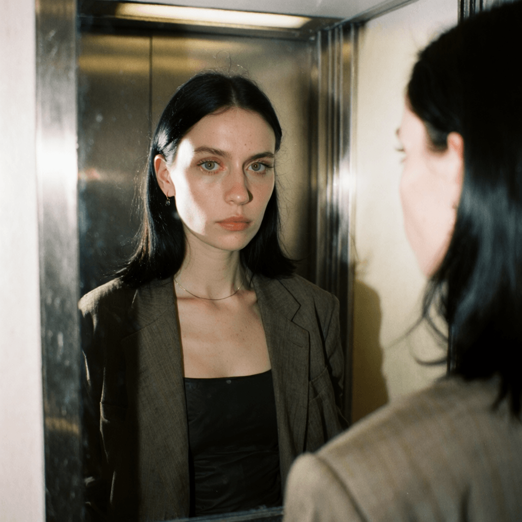 Emma-Jane MacKinnon-Lee — mirror archive self portrait, straight black hair, soft natural light