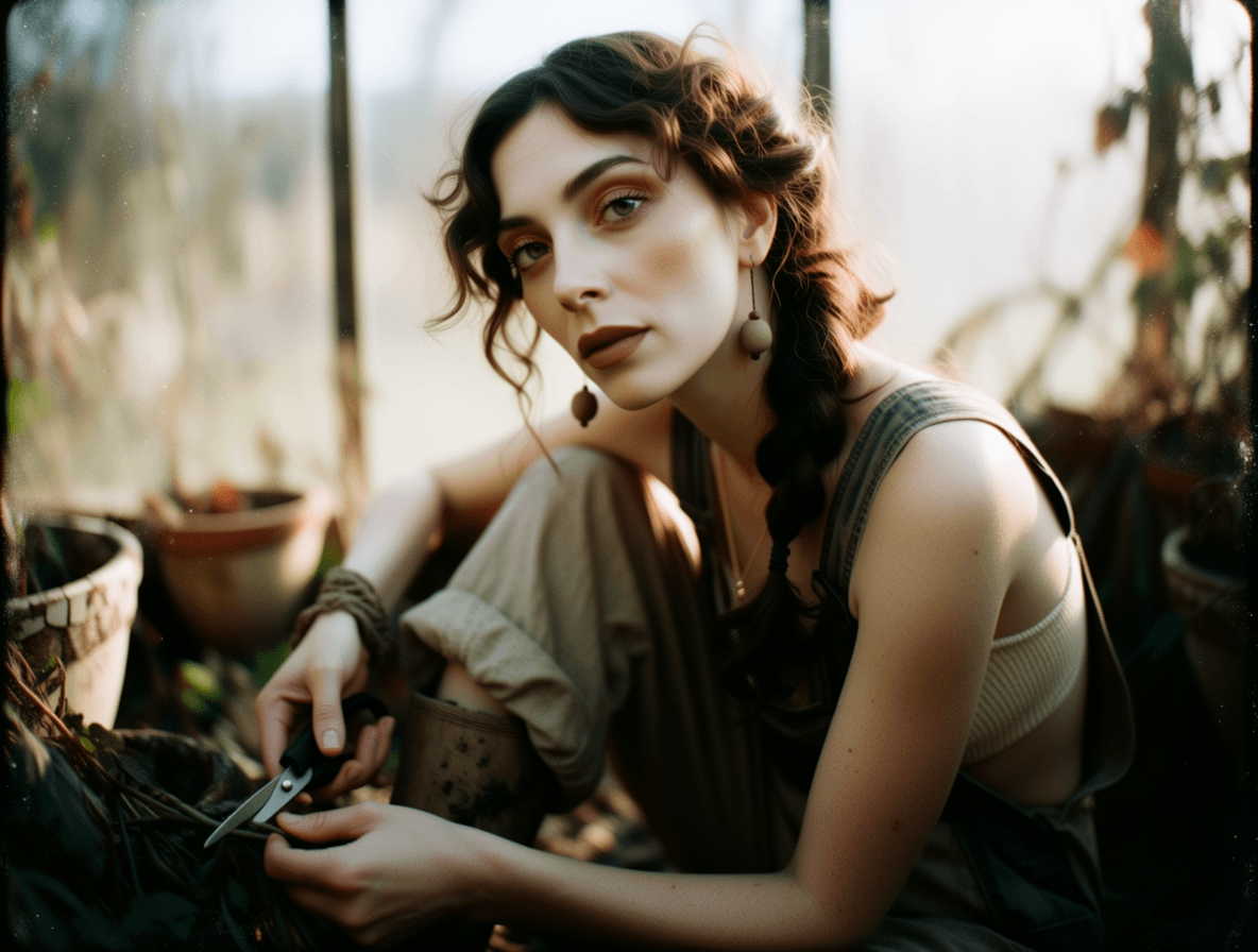 Emma-Jane MacKinnon-Lee — natural-light fashion portrait study, photographer self portrait