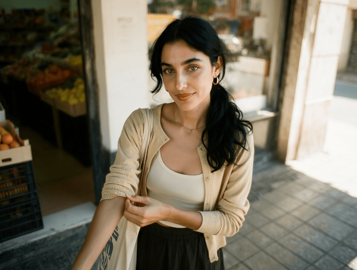 Emma-Jane MacKinnon-Lee — natural light portrait, wavy black hair and olive skin