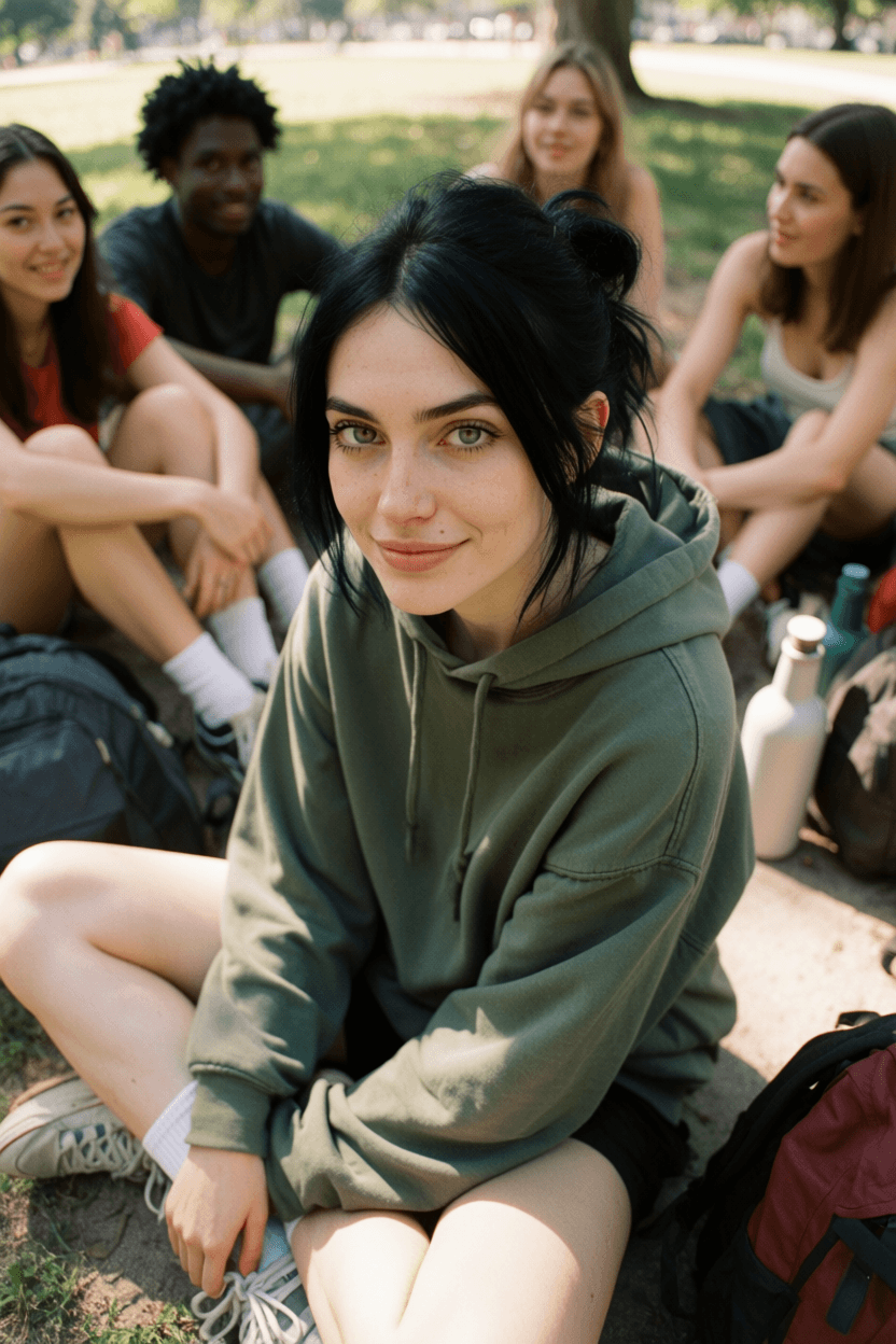 Emma-Jane MacKinnon-Lee — wide outdoor fashion portrait, loose bun, soft natural light